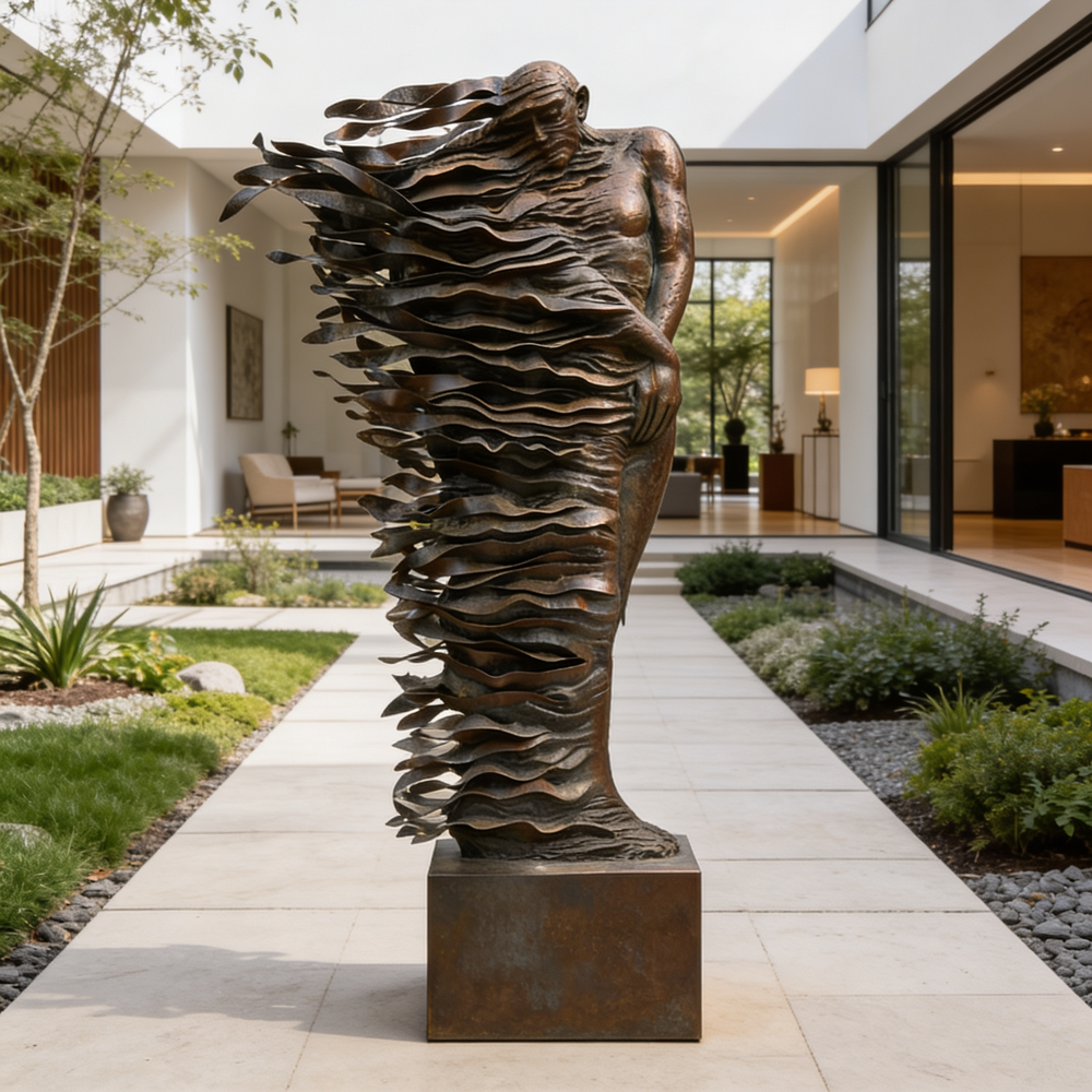Bronze sculpture of a woman in a modern outdoor setting
Bronze artwork of a person partially breaking into flowing ribbons