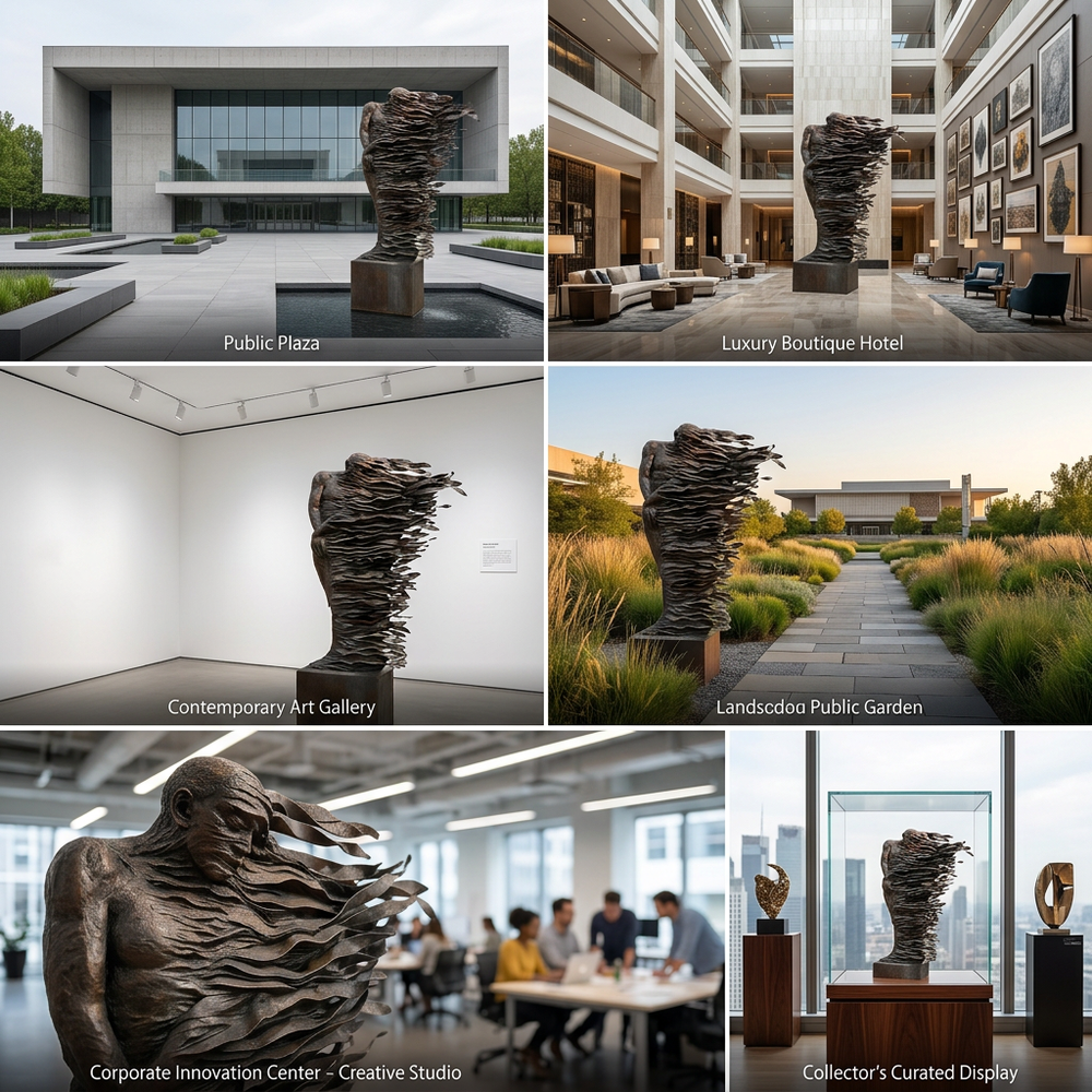 Collage of a large abstract sculpture in various settings including a public plaza, luxury boutique hotel, contemporary art gallery, landscaped public garden, corporate innovation center, and collector's curated display.
Contemporary bronze figure transitioning from solid to layered form