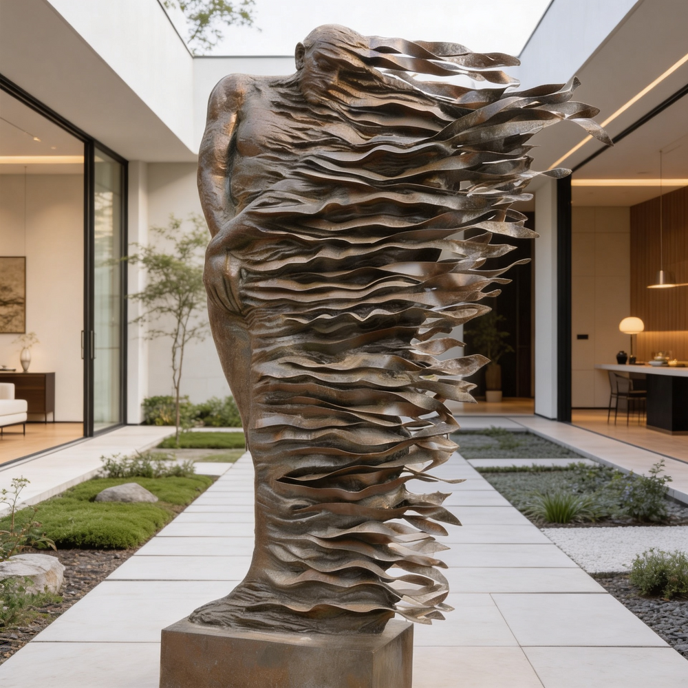 Large abstract sculpture in a modern outdoor setting
Modern bronze artwork depicting a figure dissolving into motion