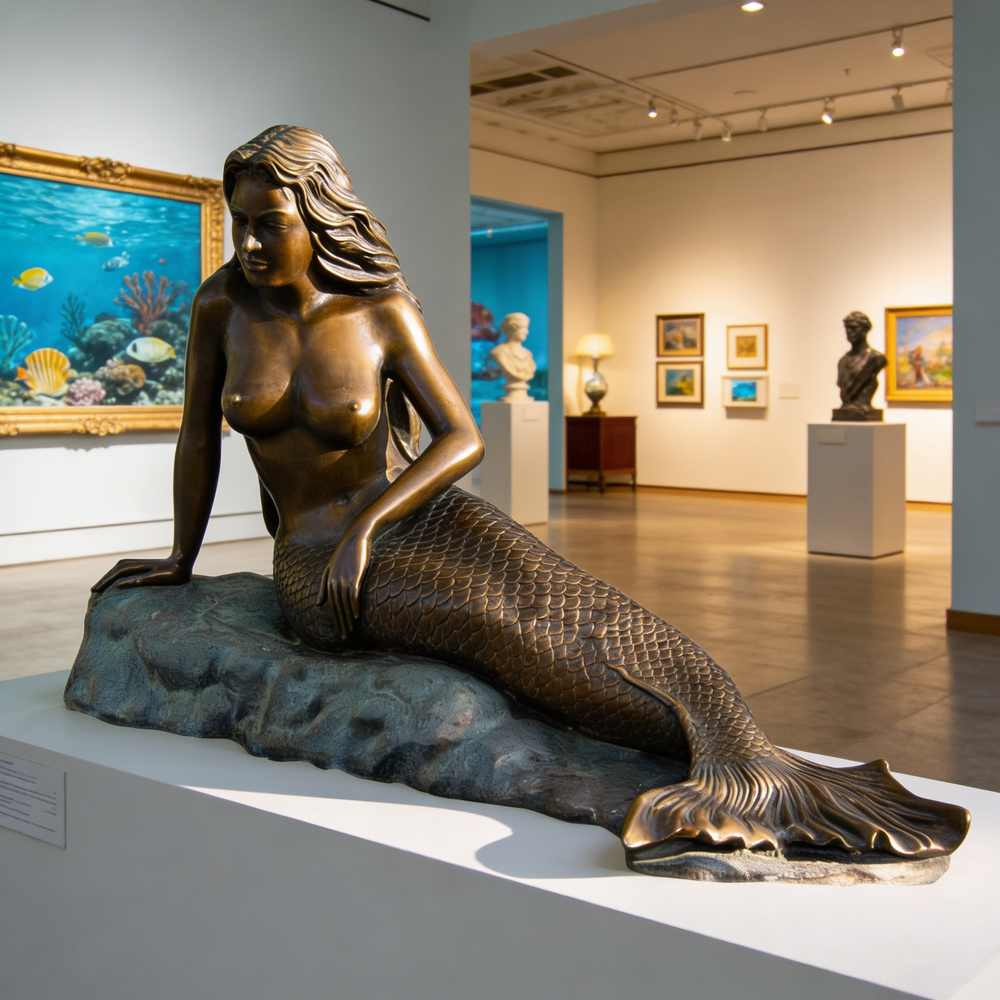 Bronze mermaid sculpture in an art gallery setting