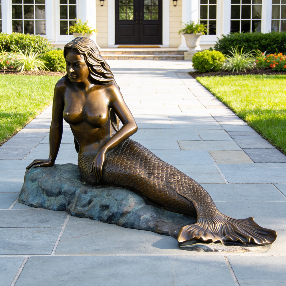 Bronze mermaid statue on a stone pedestal in front of a house.