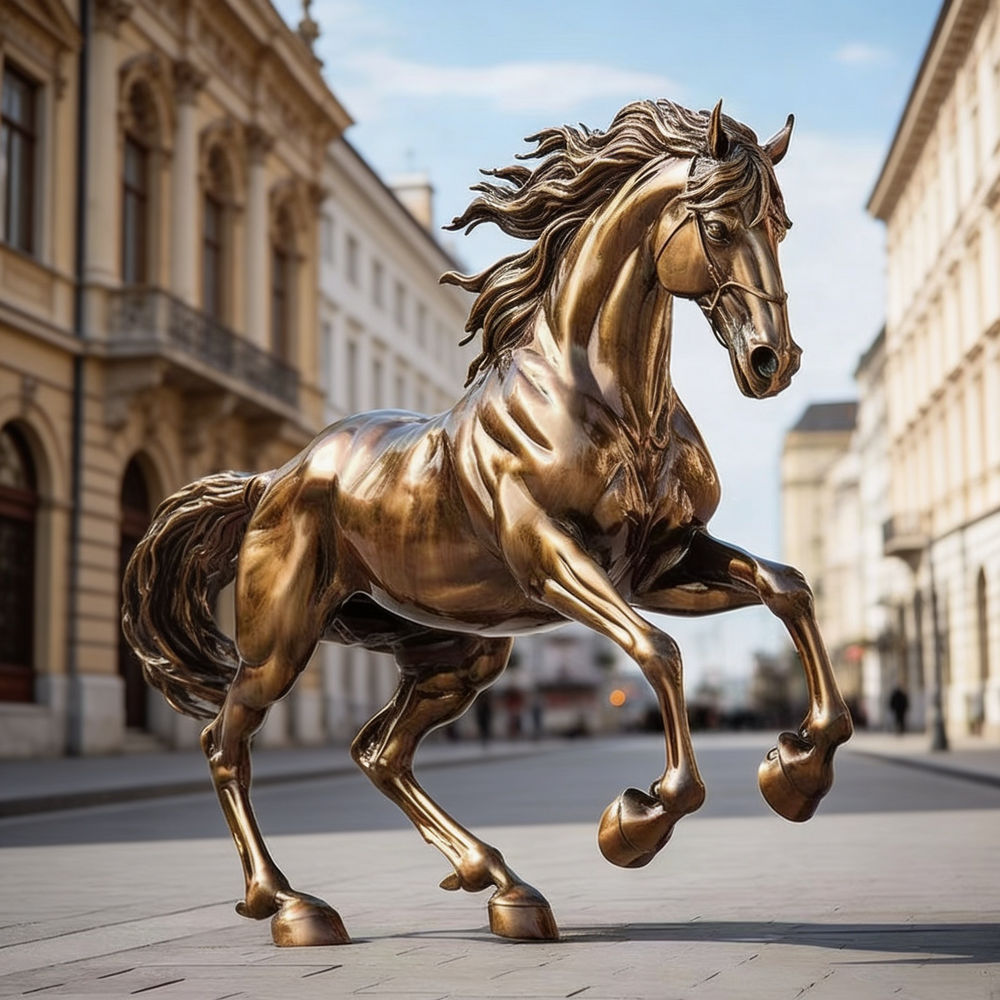 Bronze horse statue on a city street with buildings in the background