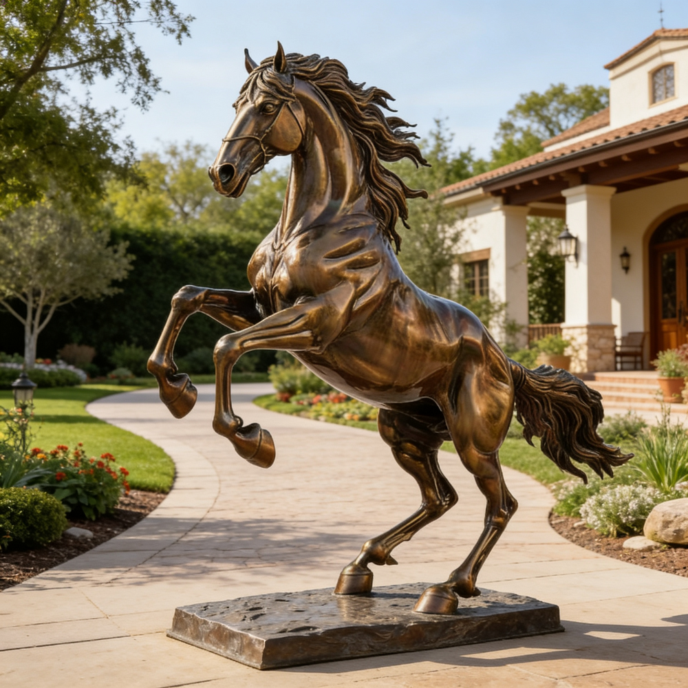 Bronze horse statue in a garden setting with a house in the background