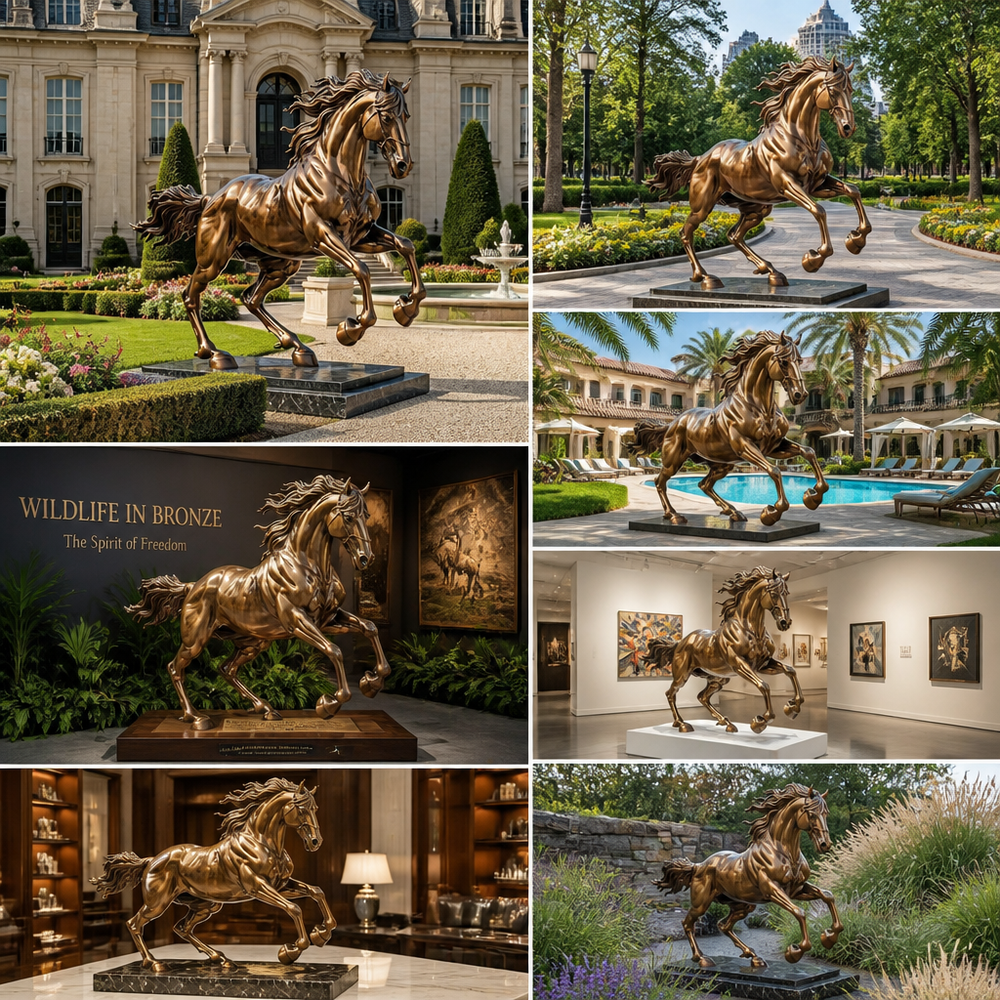 Collage of bronze horse statues in various settings including a garden, poolside, and indoor gallery.