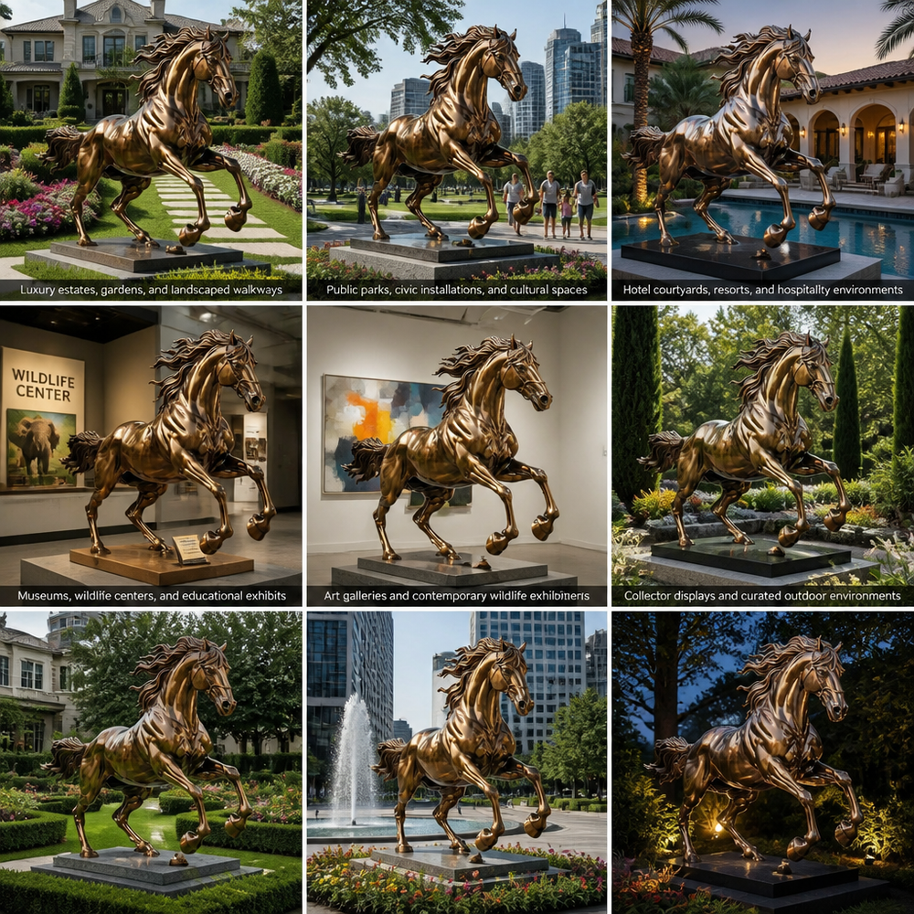 Collage of a bronze horse sculpture in various settings including gardens, cityscapes, and museums.