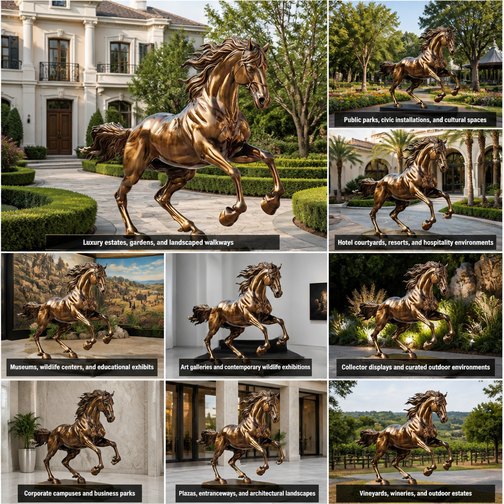 Bronze horse statue in various settings including gardens, courtyards, and museums.