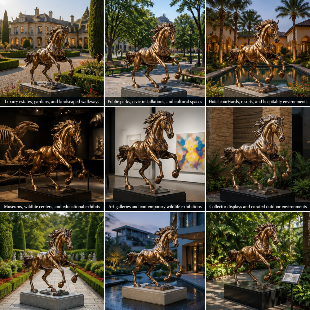 Collage of bronze horse statues in various settings including gardens, parks, and museums.