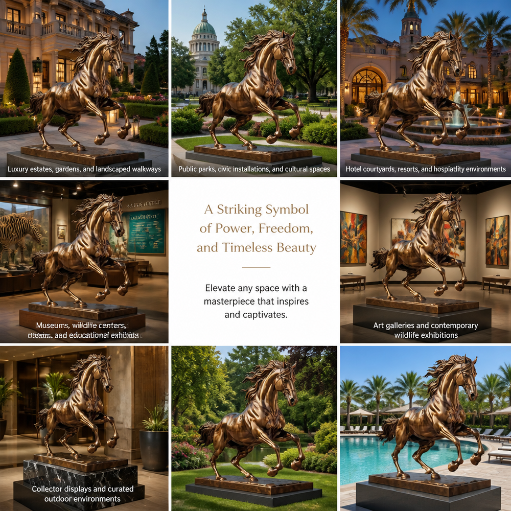 Collage of bronze horse statues in various settings with text describing their use.
