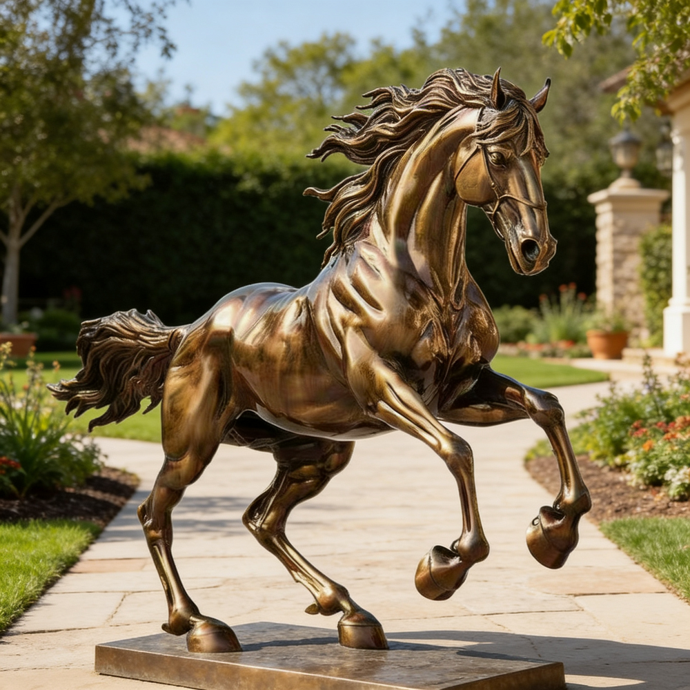 Bronze statue of a horse in a garden setting