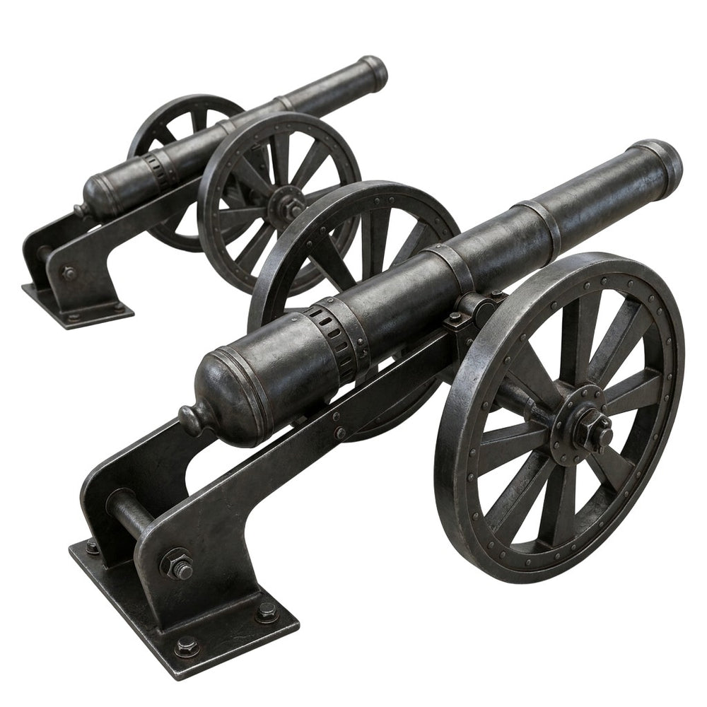 Two black metal cannons on wheels against a white background
Bronze artillery cannon sculpture mounted on carriage