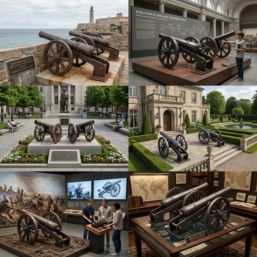 Collage of various images featuring cannons in different settings, including outdoor and indoor exhibits.
Outdoor cannon sculpture featuring classic military design