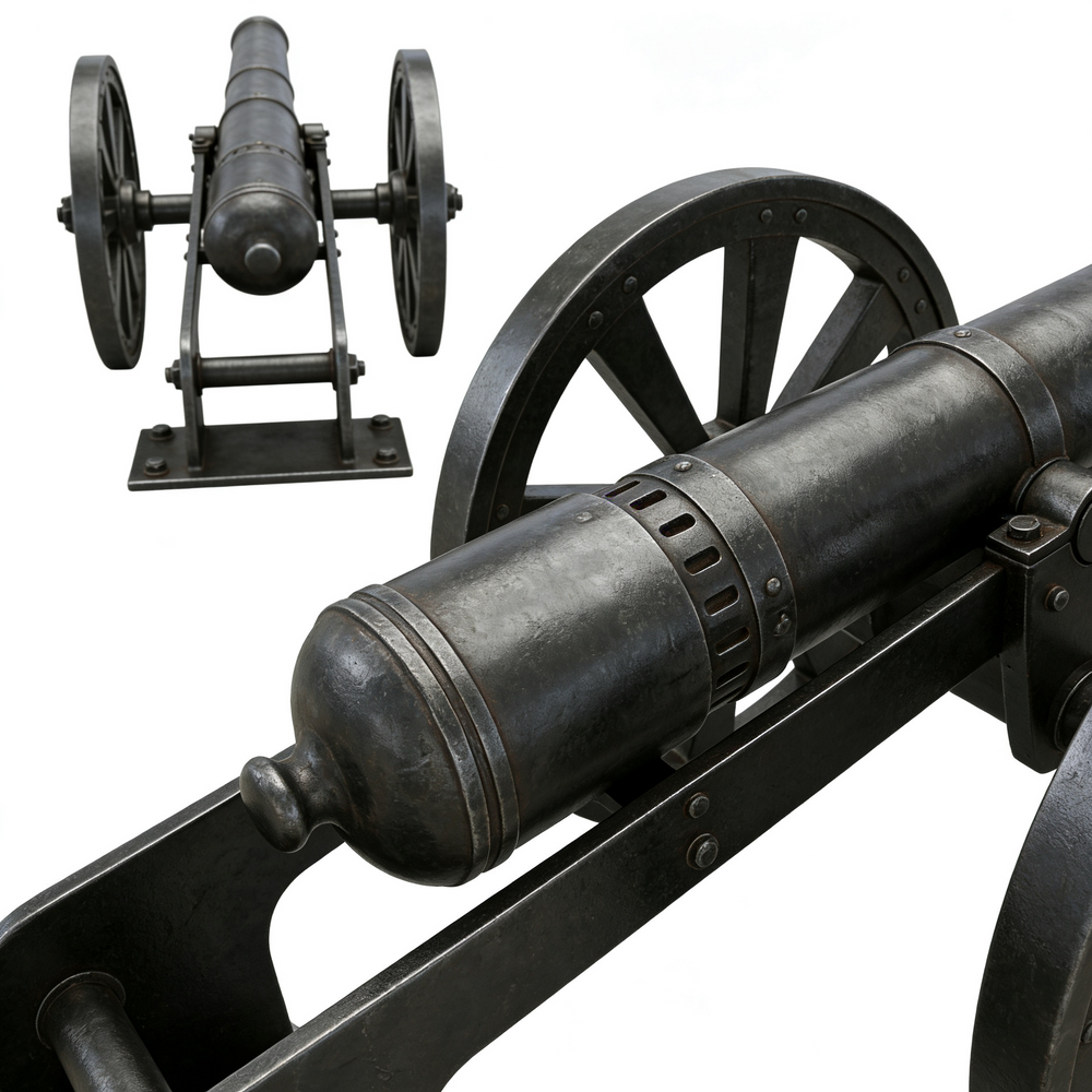 Close-up of a black cannon with wheels on a white background