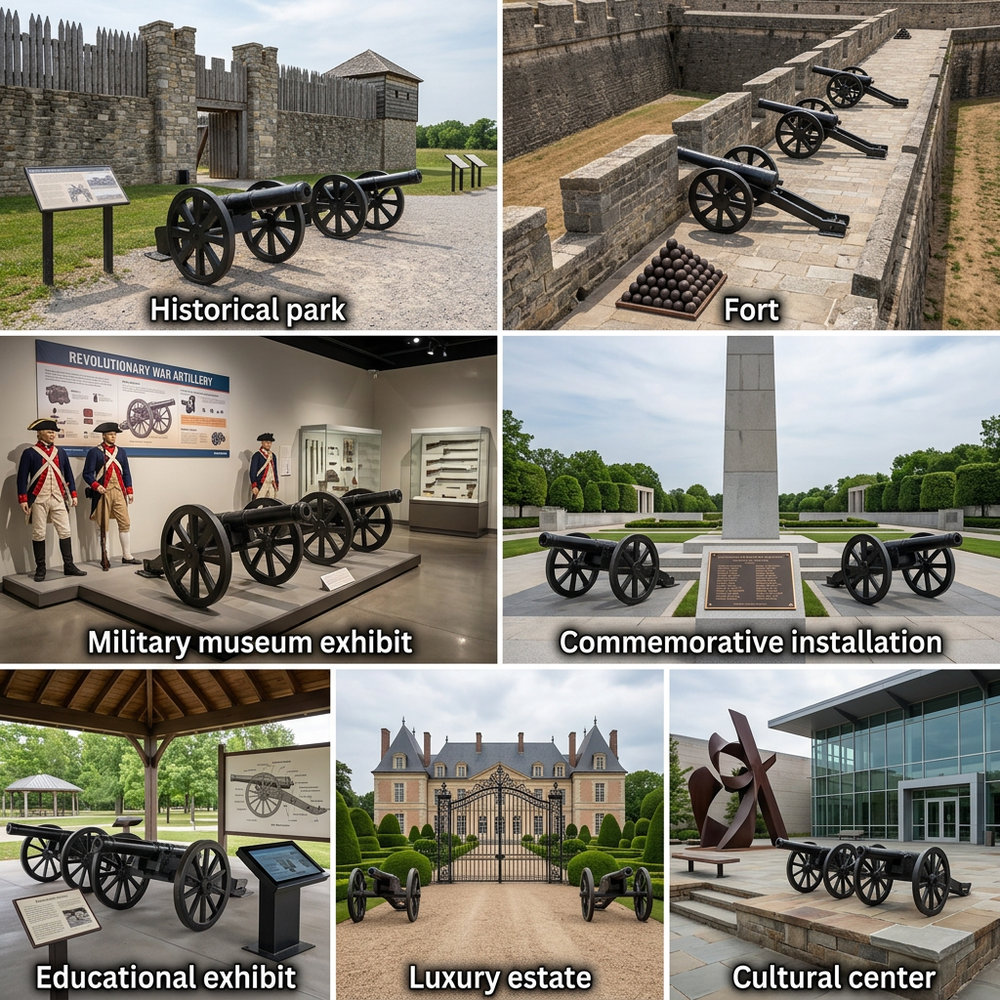 Collage of various locations featuring cannons and fortifications, including a historical park, fort, military museum exhibit, commemorative installation, educational exhibit, luxury estate, and cultural center.