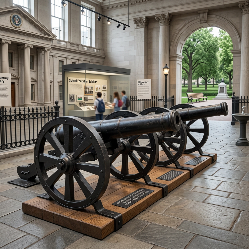 Historical cannon on display in a museum setting with people in the background
Metal cannon statue with long barrel and spoked wheels