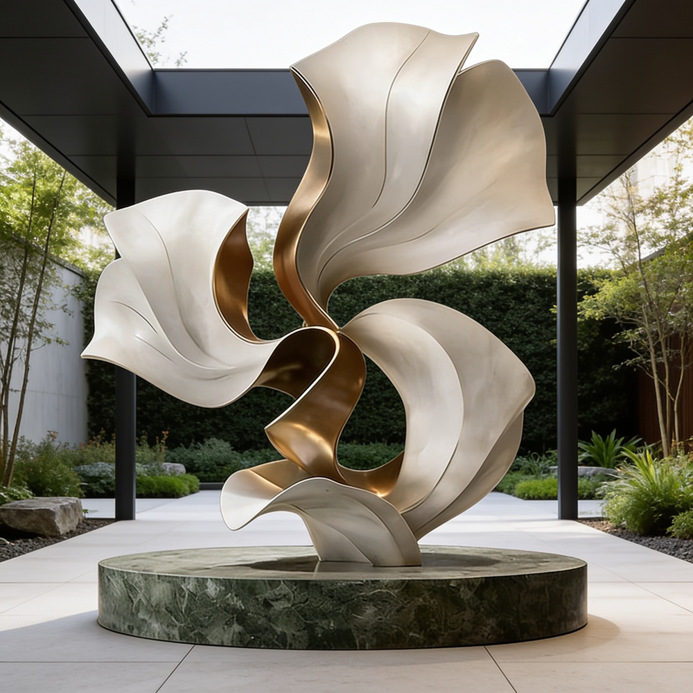 Modern sculpture with wavy design on a stone base in an outdoor setting