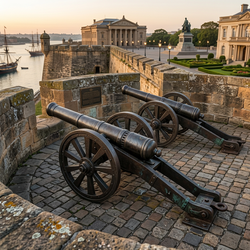 Two cannons on a stone wall with a historic building and waterfront in the background.
Metal cannon artwork with traditional spoked wheel base