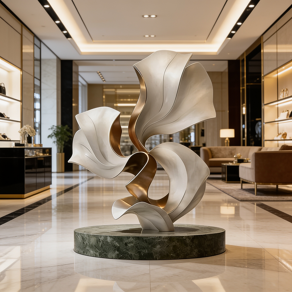 Modern sculpture in a luxurious interior setting with marble floor and elegant decor.