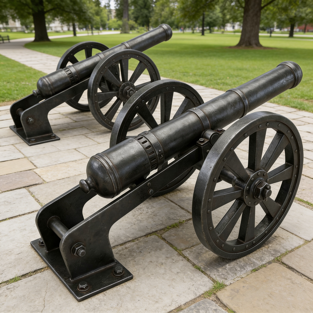 Two black metal cannons on wheels in a park setting
