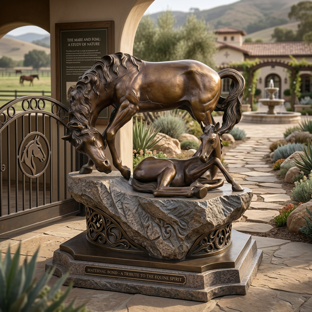 Bronze sculpture of two horses and a deer on a stone base in an outdoor setting with a building and landscape in the background.