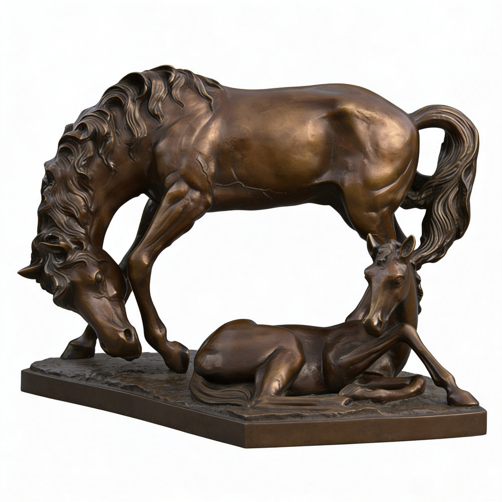Bronze sculpture of a horse and a deer on a white background