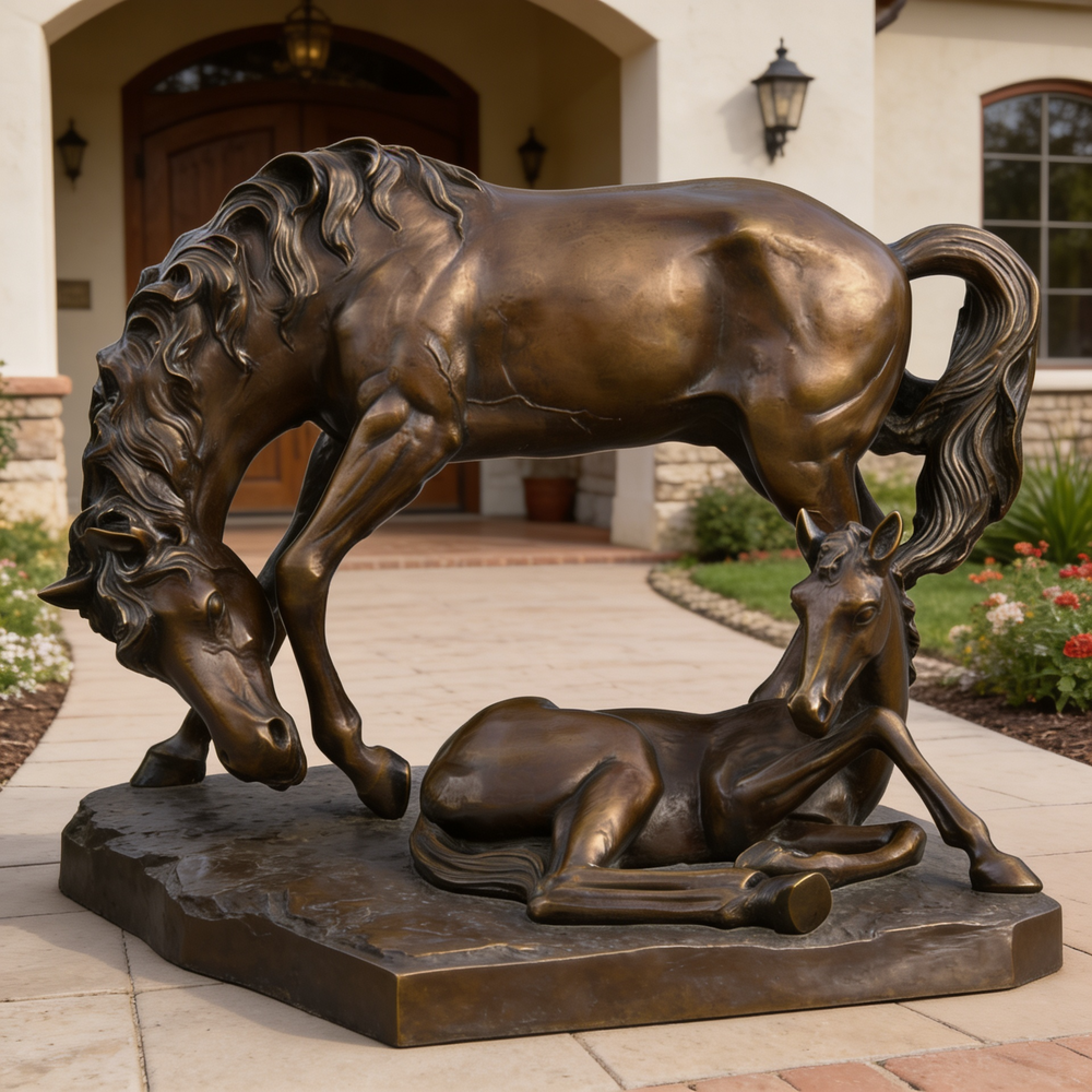 Bronze sculpture of two horses in a courtyard setting