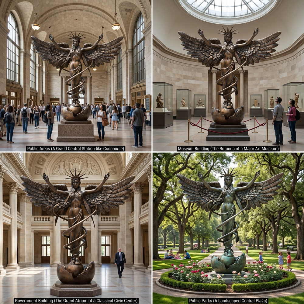 Collage of a large bronze statue in various settings including a museum, government building, and park.
Bronze ascension artwork depicting a winged woman in a powerful stance