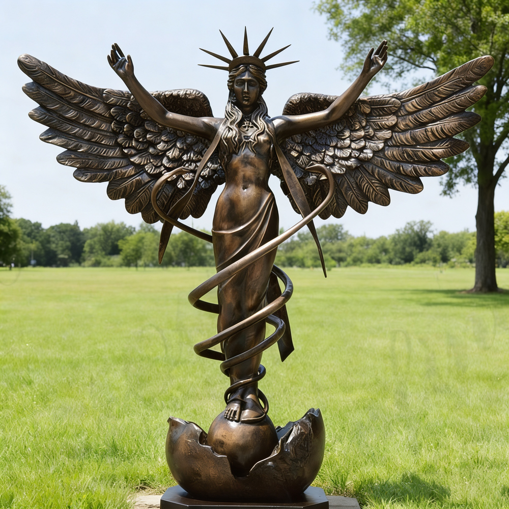 Bronze statue of a winged figure with a snake and an egg in a grassy field
Bronze artwork of a winged woman standing atop a broken orb