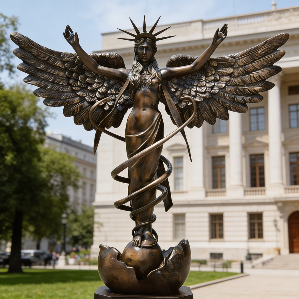 Bronze statue of an angel with wings and a snake around her waist in front of a building.
Detailed winged female statue with crown and upward‑reaching pose