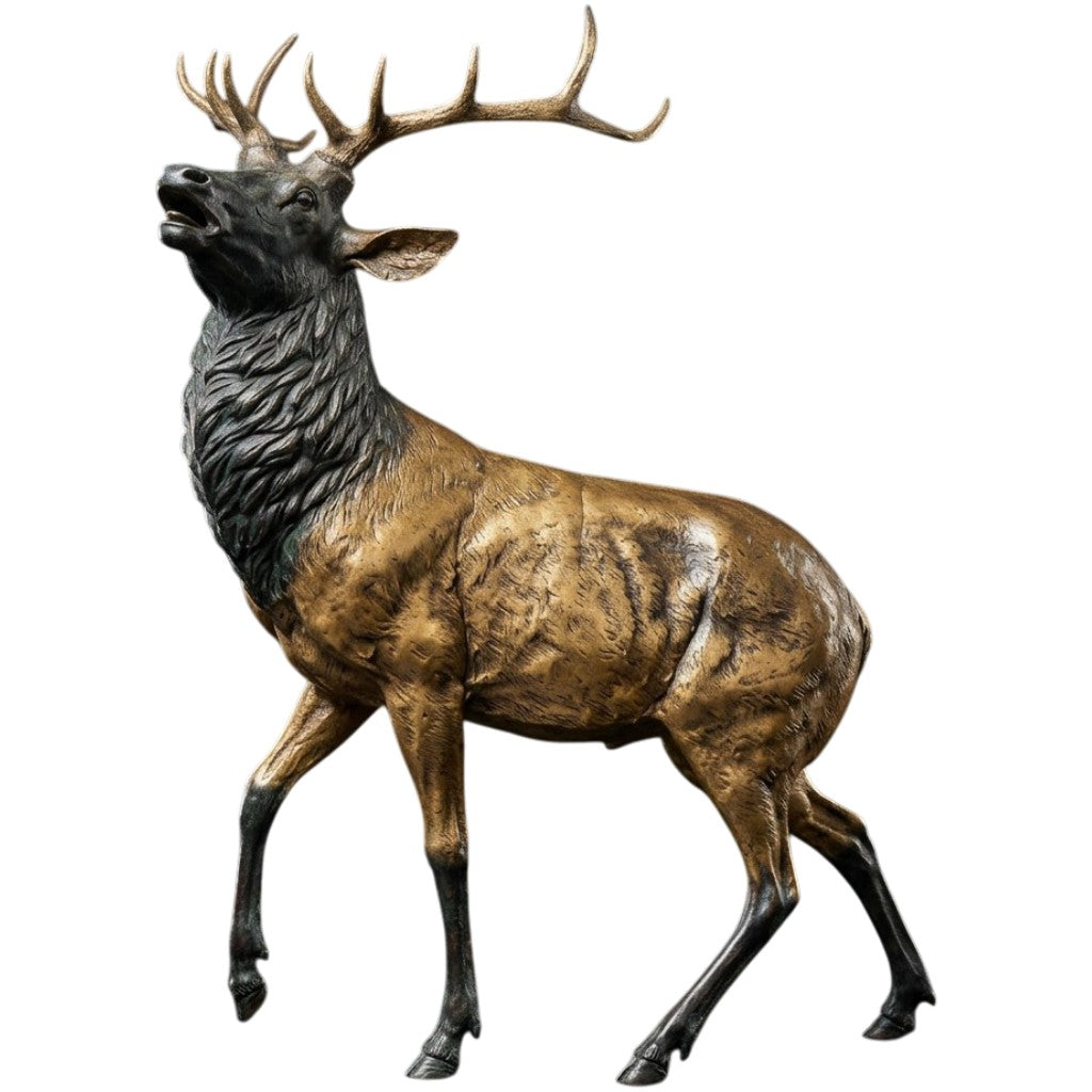 Bronze sculpture of a stag with raised head, open mouth, and detailed antlers