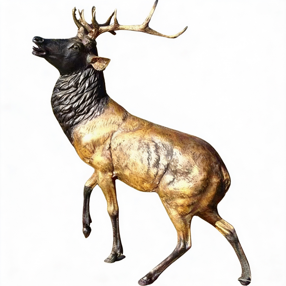 Wildlife bronze artwork of a stag in a dramatic calling pose with rich surface detailing