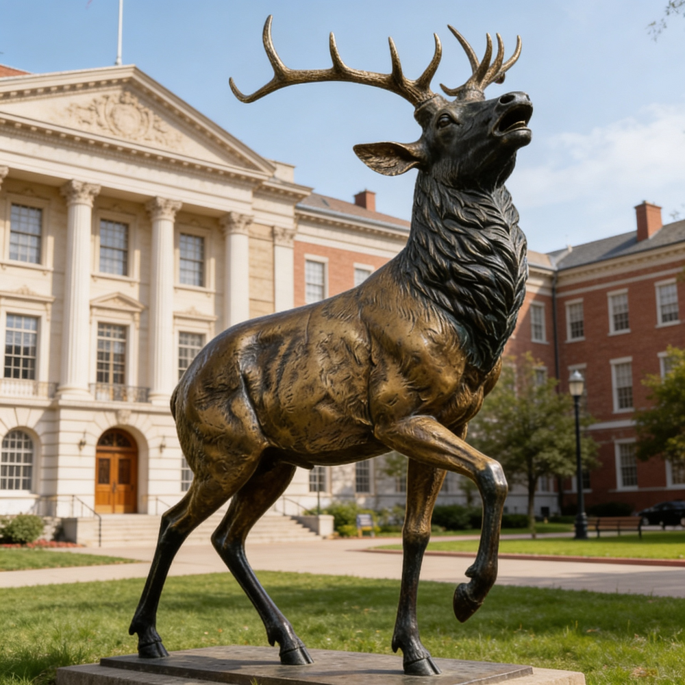 Bronze artwork of a stag mid‑call, showcasing detailed antlers and naturalistic fur texture