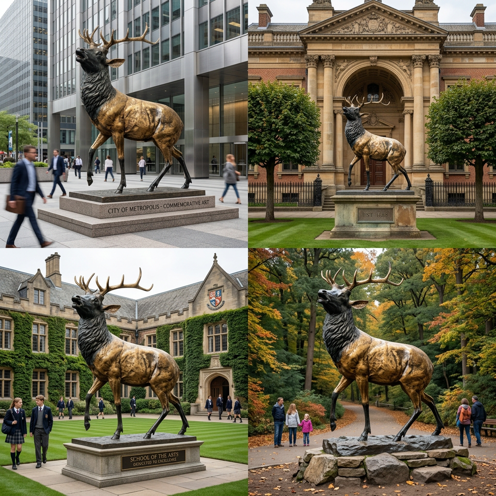 Bronze statue of a stag calling upward, featuring detailed anatomy and contrasting bronze tones.