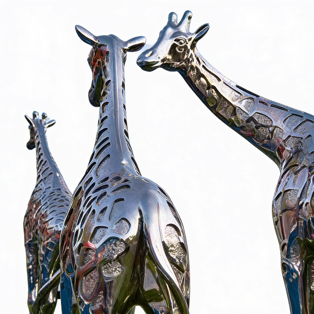 Metallic giraffe sculptures on a white background
Reflective metallic giraffe statues featuring stylized spot patterns