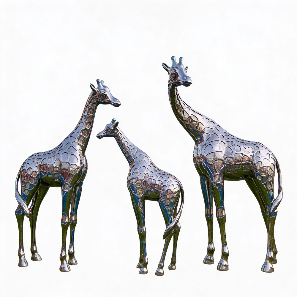 Three metallic giraffe statues on a white background
Shiny giraffe artwork set with realistic proportions and polished finish