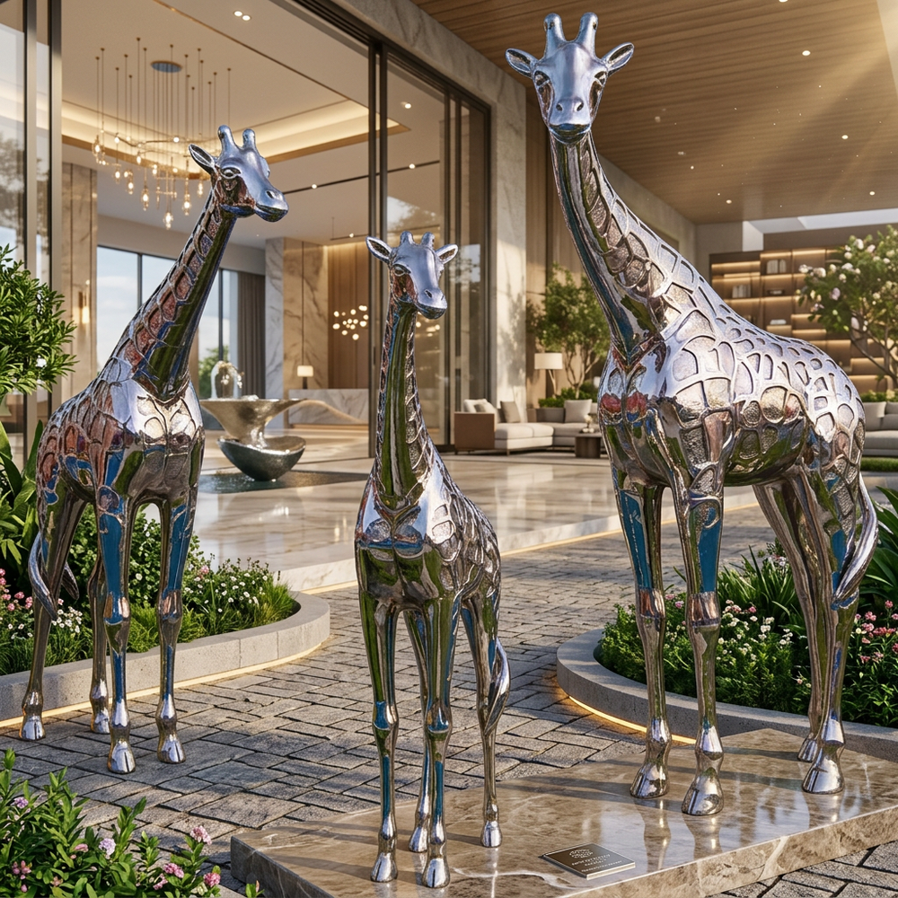 Metallic giraffe sculptures in a modern indoor setting with plants and architectural elements.
Metallic giraffe trio with reflective surfaces and detailed patterns.