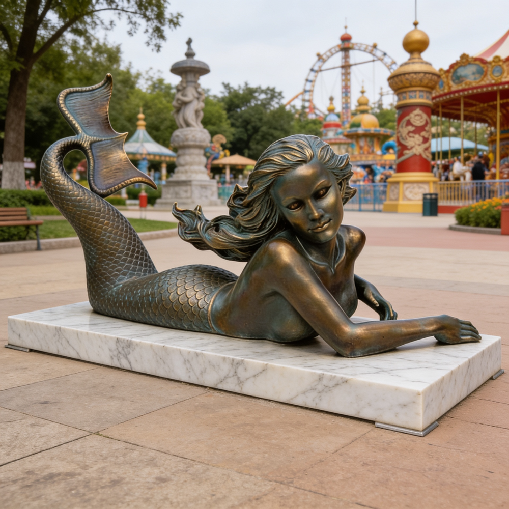 Bronze mermaid statue on a marble base in an amusement park setting with a carousel in the background.