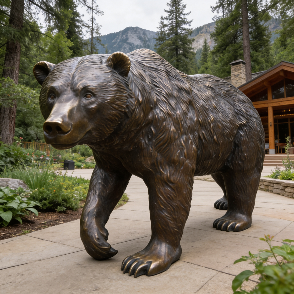 Bronze bear statue in front of a wooden cabin with mountains in the background