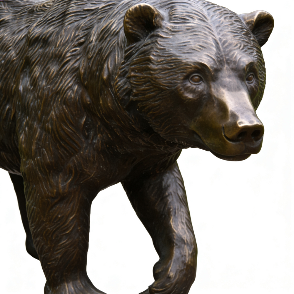 Bronze statue of a bear on a white background