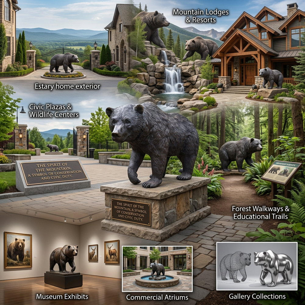 Collage of bear statues and scenic landscapes with text labels indicating various settings.