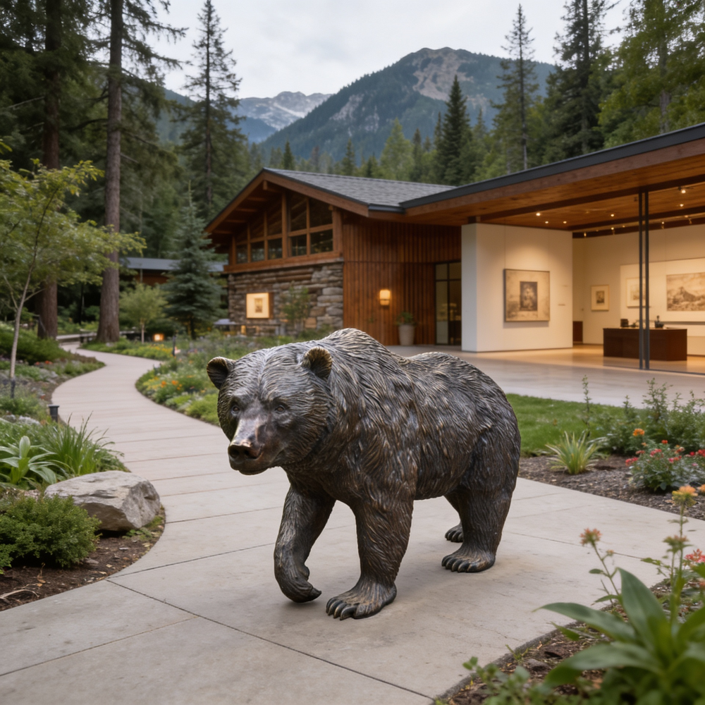 Statue of a bear in front of a modern wooden cabin with mountains in the background