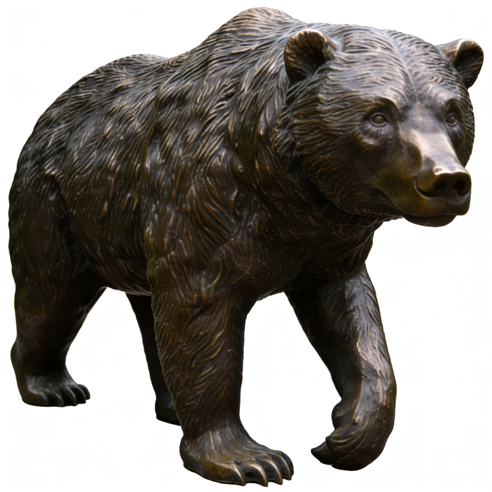 Bronze statue of a bear on a white background