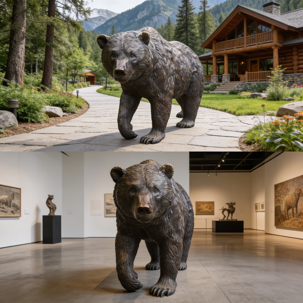 Bronze bear sculpture in front of a log cabin and in an art gallery.