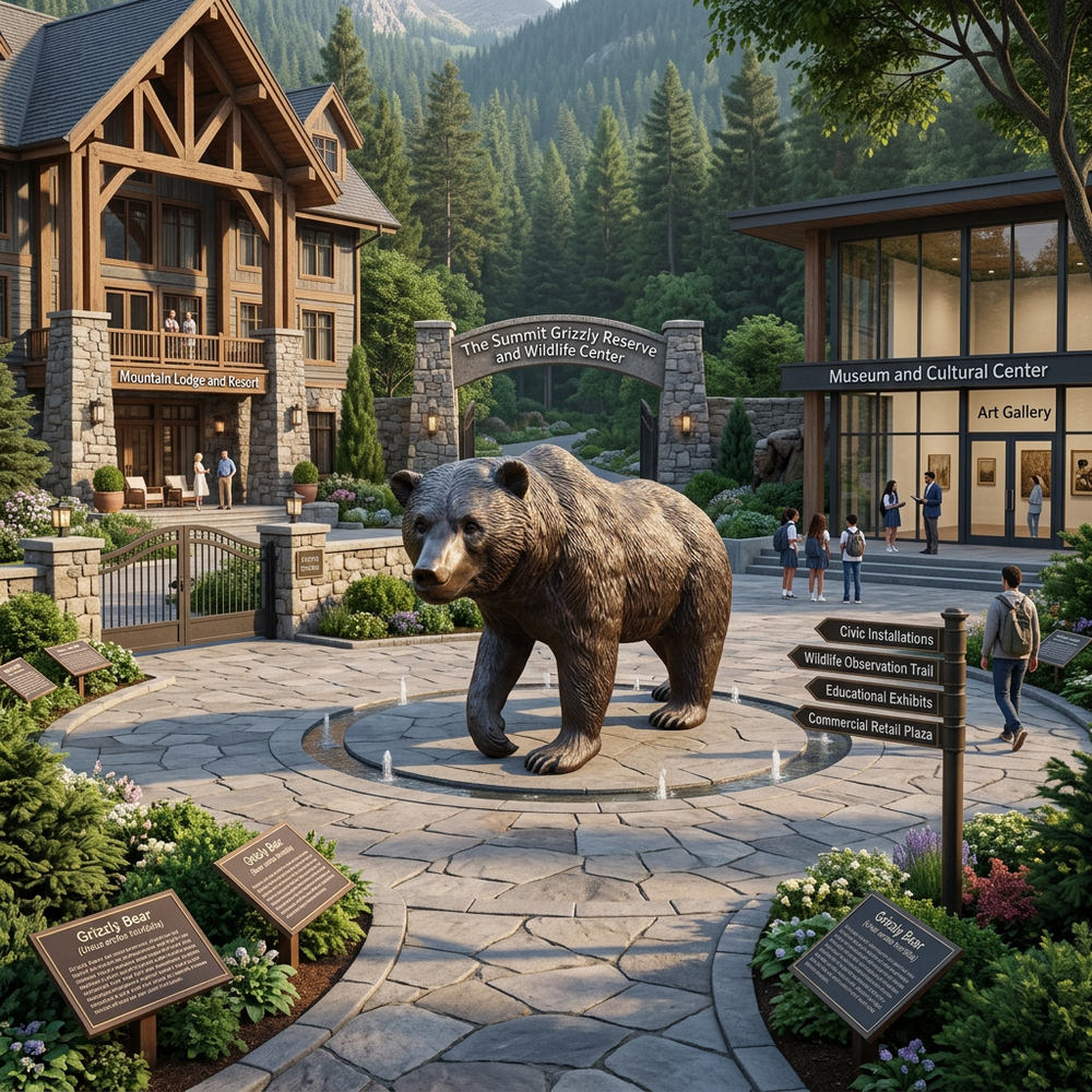 Bear statue in front of a lodge with educational signs and people in the background
