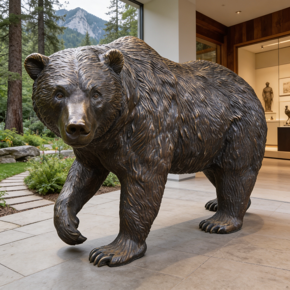 Bronze statue of a bear in an indoor setting with a mountainous background