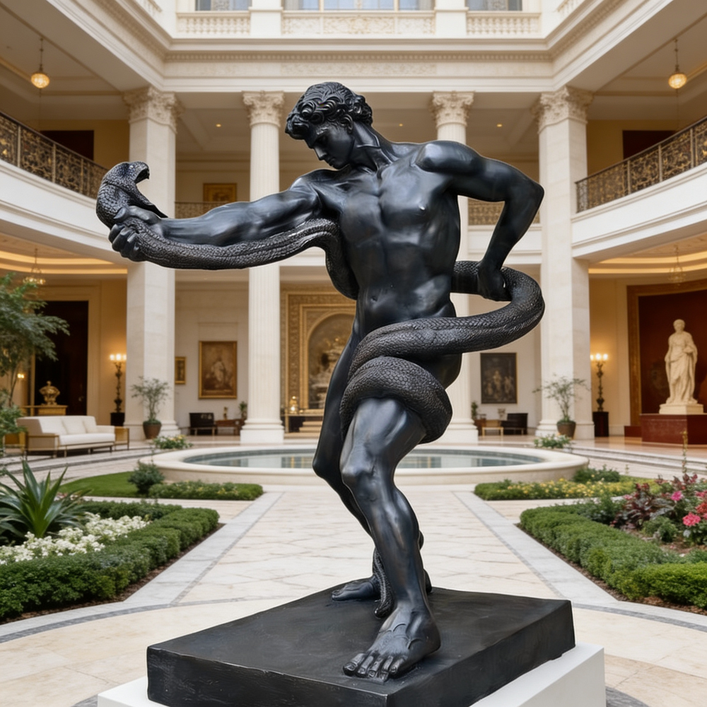 Statue of a muscular figure with a snake in an elegant indoor setting