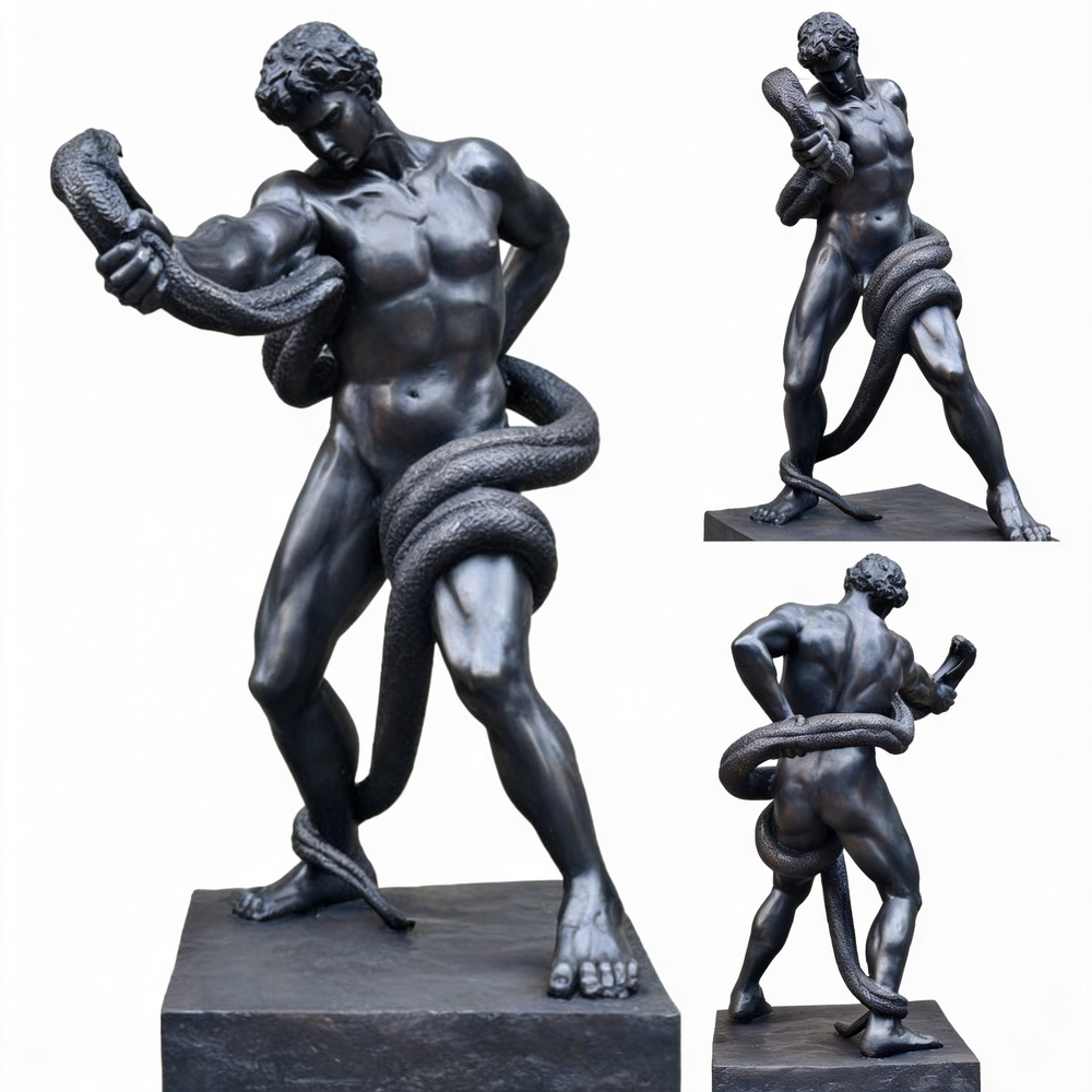 Statue of a muscular figure with a snake coiled around its body on a white background