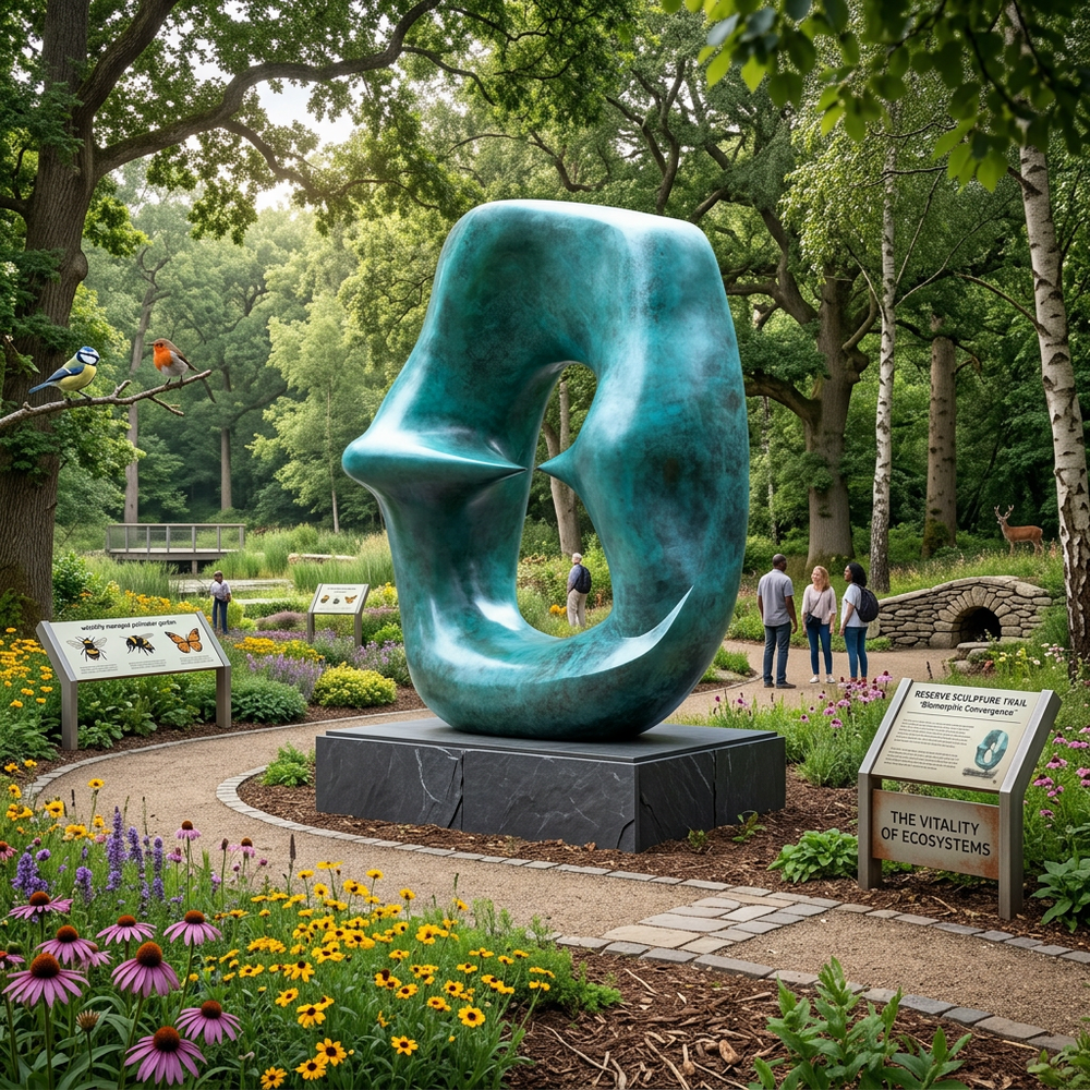 Large blue sculpture in a garden setting with people and nature around