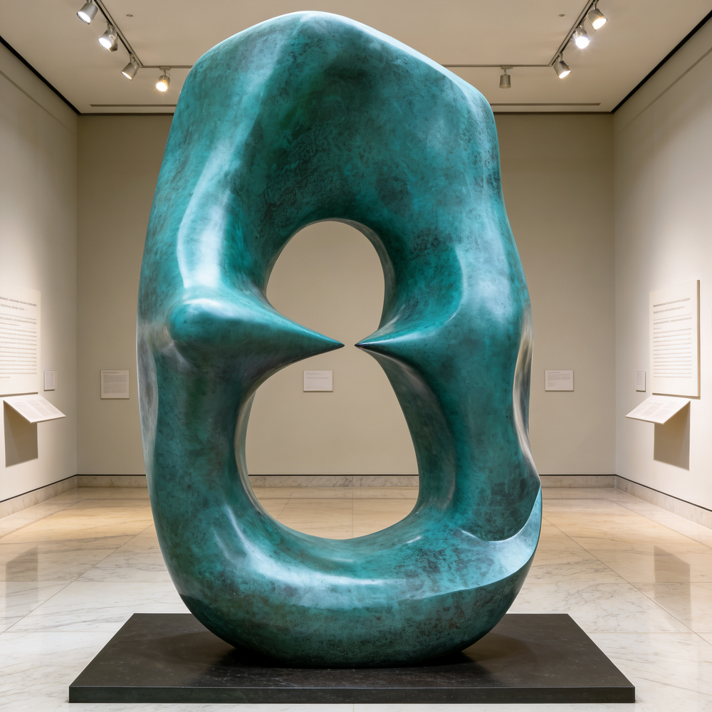 Large teal sculpture in a museum setting
