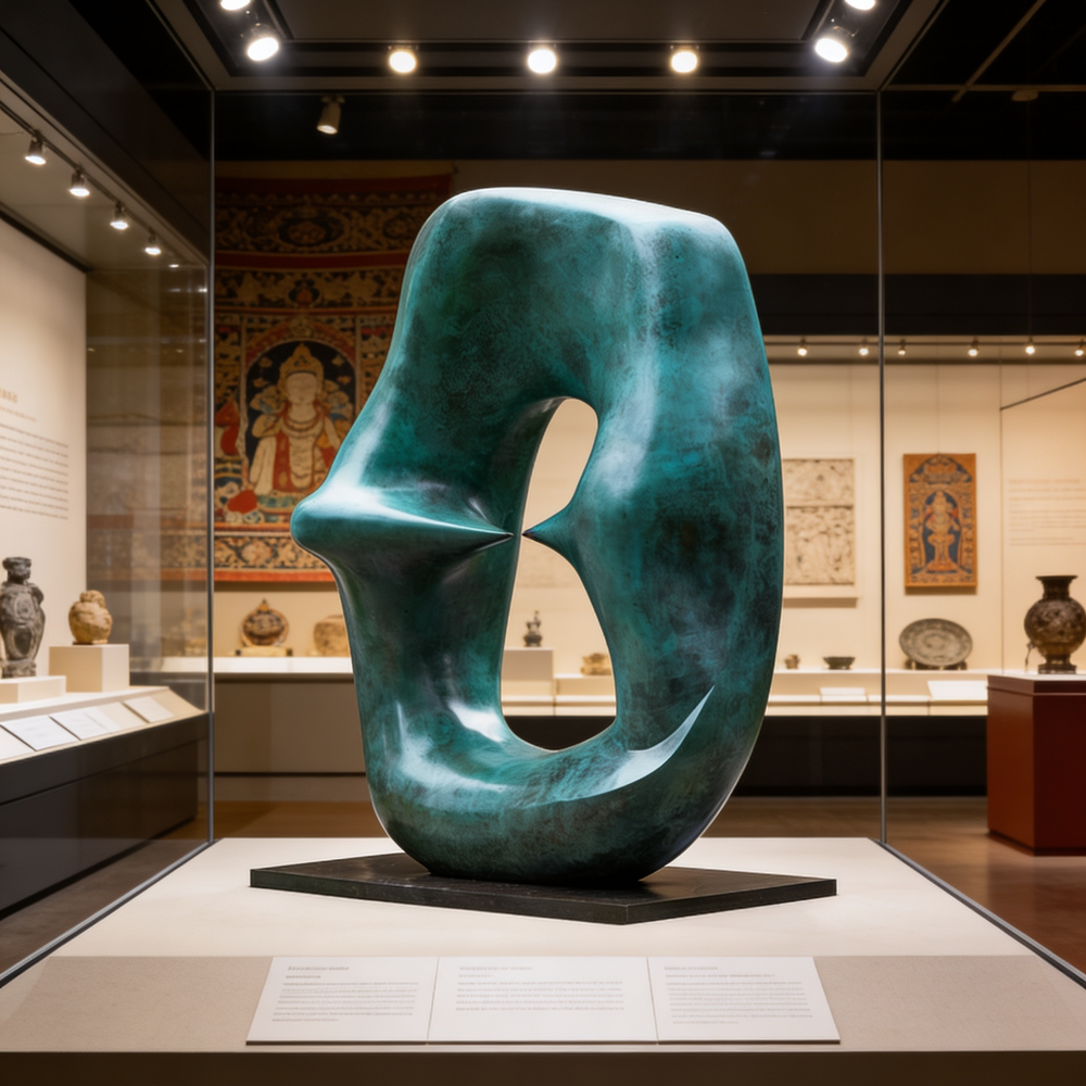 Large abstract sculpture in a museum setting with displayed artifacts in the background
