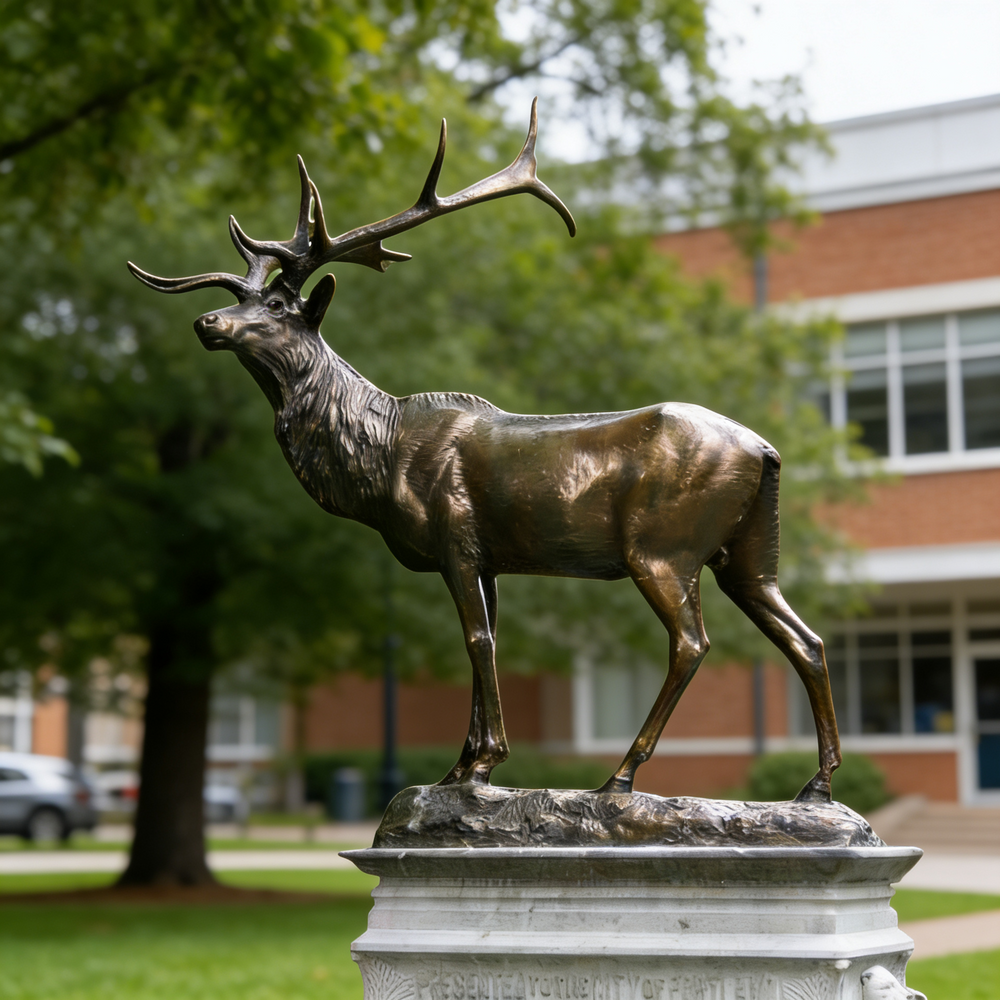Realistic bronze elk statue featuring detailed fur texture, strong musculature, and carved pedestal base